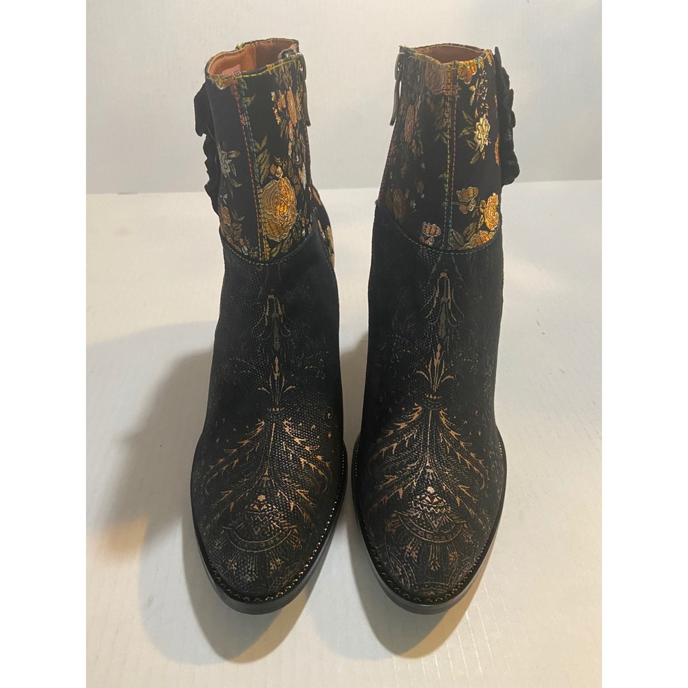 L'Artiste Spring Step Floral Embroidered Filigree Heel Ankle Boots Black Gold - Picture 2 of 10